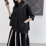 Women's Black Asymmetrical BF Blouse, 3/4 Sleeve Loose Lazy Summer Top