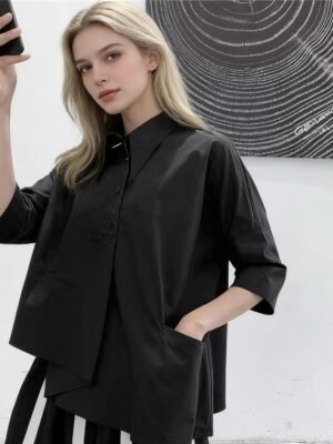 Women's Black Asymmetrical BF Blouse, 3/4 Sleeve Loose Lazy Summer Top