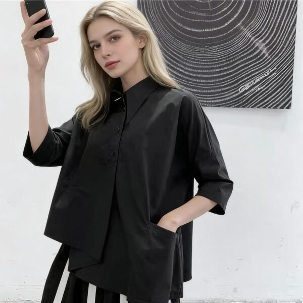 Women's Black Asymmetrical BF Blouse, 3/4 Sleeve Loose Lazy Summer Top