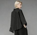 Women's Black Asymmetrical BF Blouse, 3/4 Sleeve Loose Lazy Summer Top