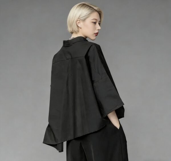 Women's Black Asymmetrical BF Blouse, 3/4 Sleeve Loose Lazy Summer Top