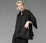 Women's Black Asymmetrical BF Blouse, 3/4 Sleeve Loose Lazy Summer Top