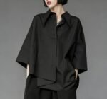 Women's Black Asymmetrical BF Blouse, 3/4 Sleeve Loose Lazy Summer Top